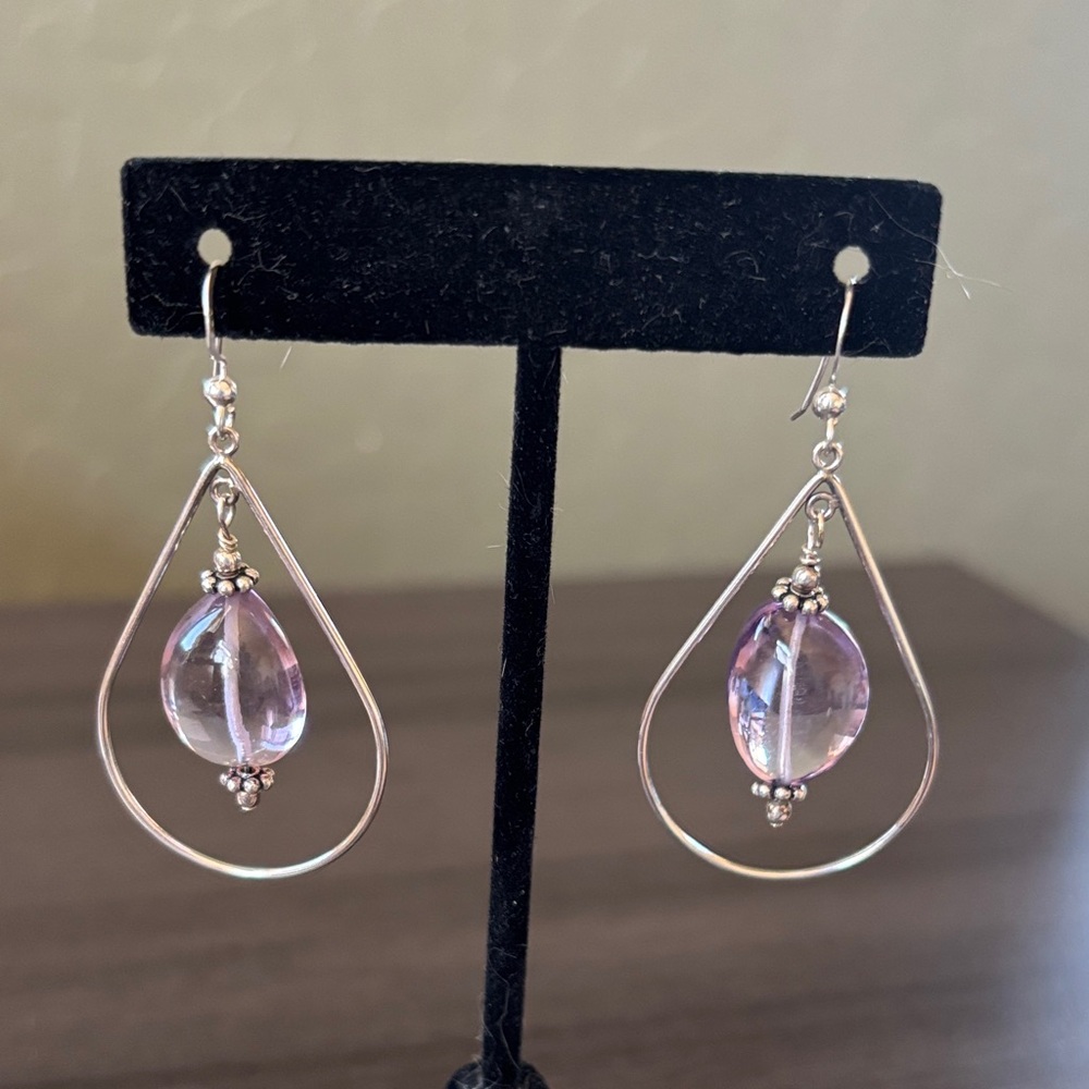 Polished Amethyst Stones in Sterling Teardrop Hoop‎ Earrings